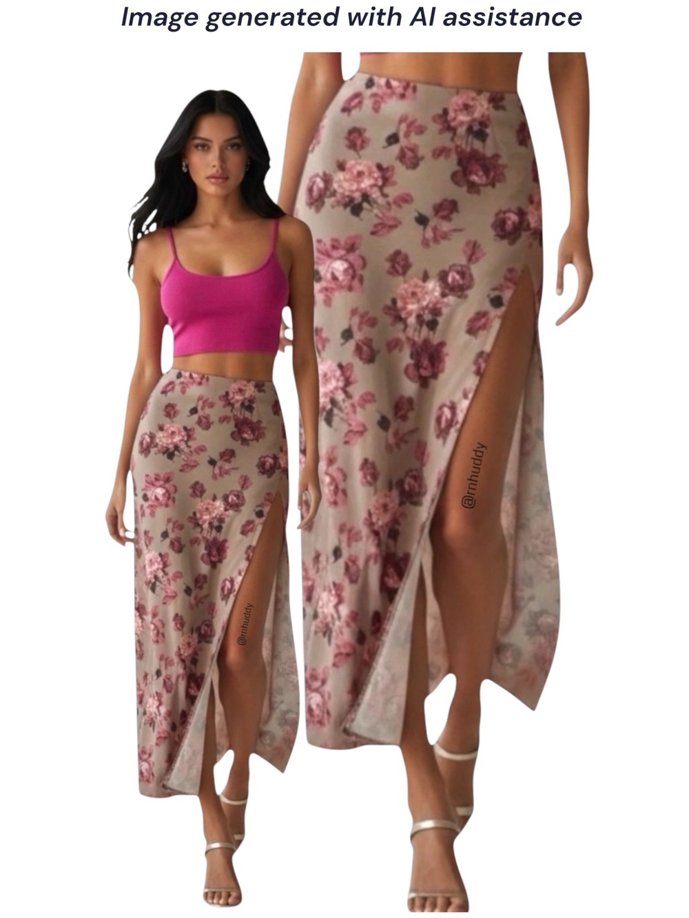 Oh Polly Beige Floral Midi Skirt with Pink Rose Print